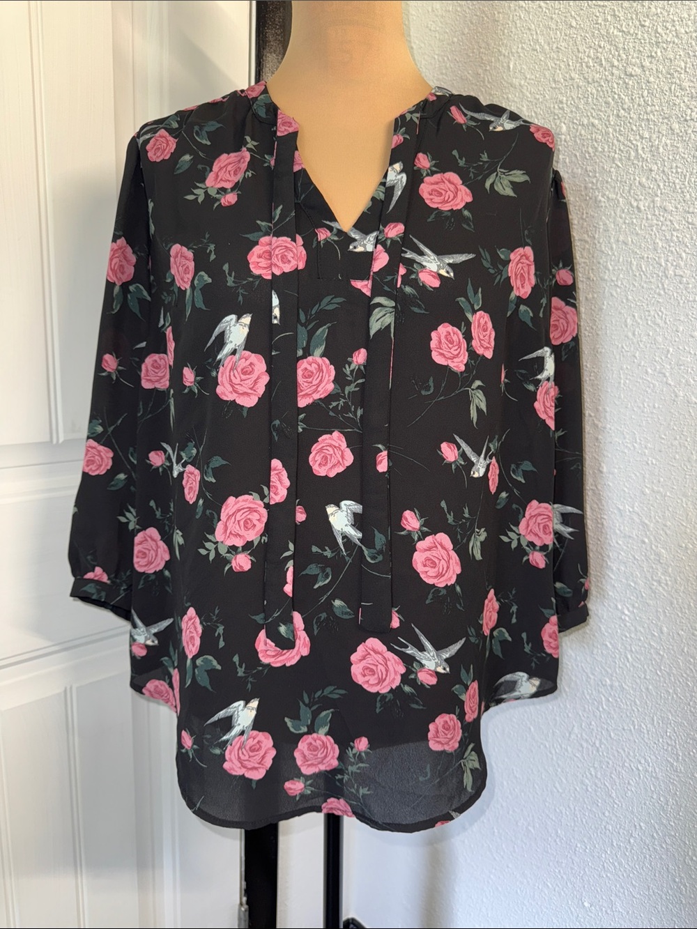 torrid Black Blouse with Pink Rose & Bird Print